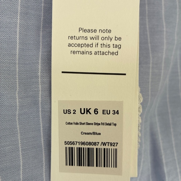 ME+EM NWT Cotton Voile Short Sleeve Striped Frill Detail Top - Picture 4 of 5